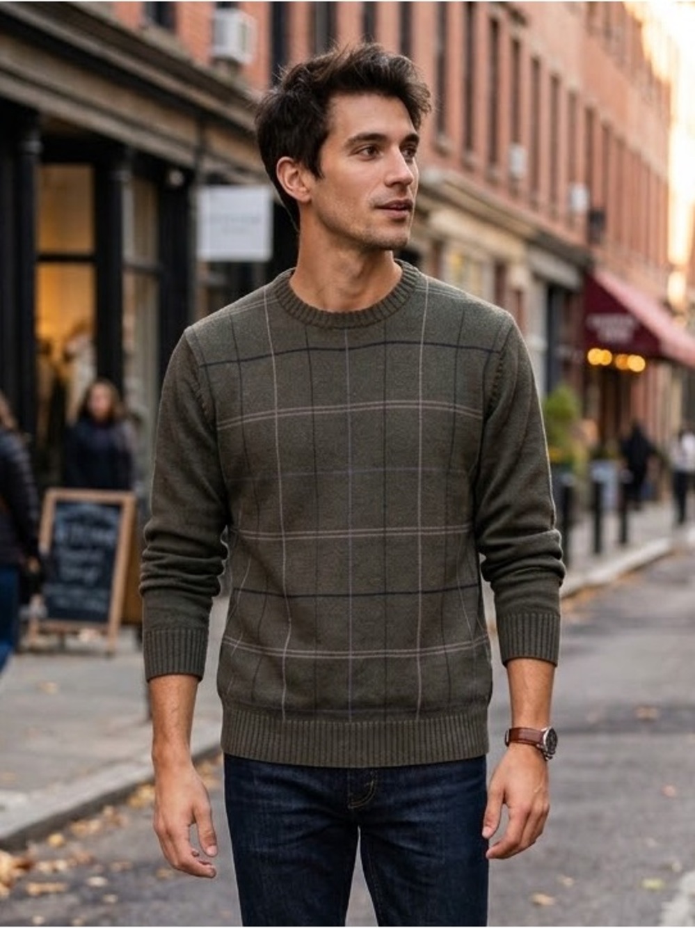 VTG Oscar de la Renta Sweater Mens M Green  Plaid Crew Neck Cotton Blend